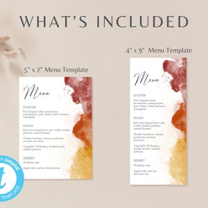 May include: Two printable menu templates with a watercolor background in shades of red, orange, and yellow. The text "Menu" is written in a script font. The larger template is 5 inches by 7 inches and the smaller template is 4 inches by 9 inches.