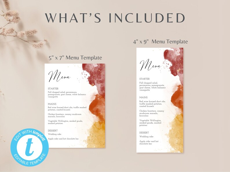 May include: Two printable menu templates with a watercolor background in shades of red, orange, and yellow. The text "Menu" is written in a script font. The larger template is 5 inches by 7 inches and the smaller template is 4 inches by 9 inches.