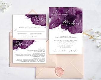 Plantilla de suite de invitación de boda púrpura, conjunto de invitación de boda de Borgoña imprimible, boda de ciruela, papelería de boda de tono joya DIY, #CHC