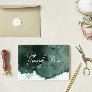 Plantilla de tarjeta de agradecimiento personalizada, nota de agradecimiento de boda verde bosque, nota de servilleta esmeralda, papelería de boda en tono joya DIY, #EVC