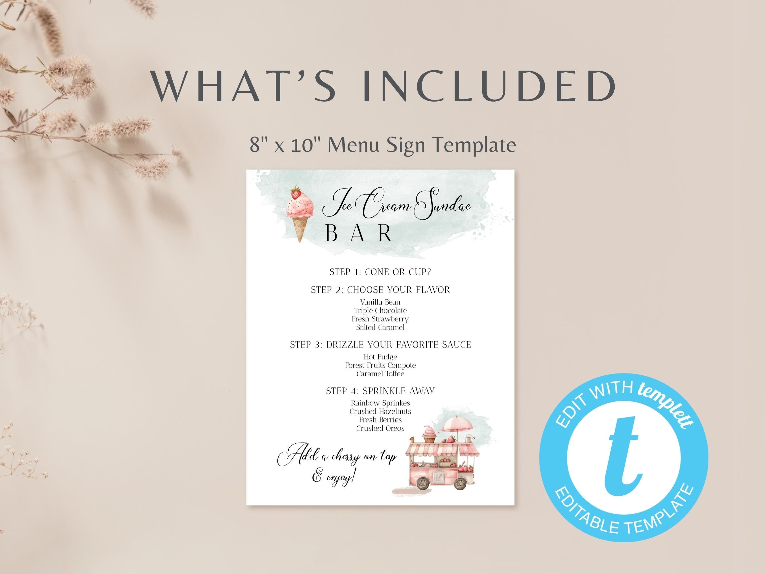 Ice Cream Bar Menu Template, Printable Ice Cream Sundae Bar Menu, Ice ...