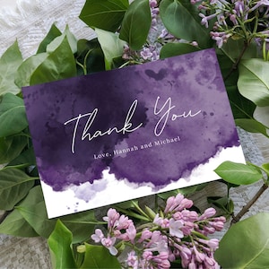 Plantilla de tarjeta de agradecimiento personalizada, nota de agradecimiento púrpura imprimible, nota de servilleta púrpura, boda en tono joya, papelería de boda DIY, #MRC