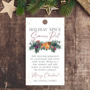 Op de afbeelding: Een wit cadeau-etiket met gouden glitter en een aquarel-illustratie van een kerstspecerijen-stoofpot. Het etiket heeft de tekst "HOLIDAY SPICE Simmer Pot" en bevat instructies voor het maken van een stoofpot. Het etiket heeft ook de tekst "Merry Christmas!" en "THE LOWELL FAMILY".