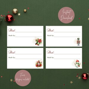 May include: Four printable Christmas food labels with festive illustrations. Each label has a space to write the dish name and who made it. The illustrations include a bell, a nutcracker, a lantern, and a snowman.