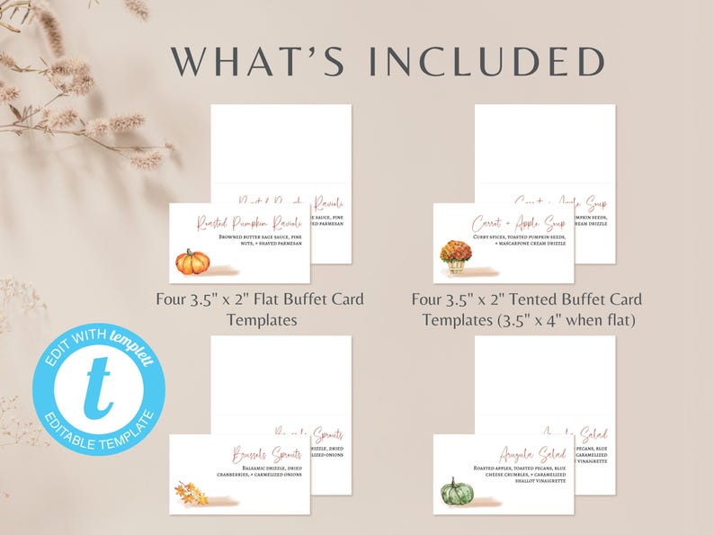 K&ouml;nnte beinhalten: Vier druckbare Buffetkartenvorlagen im Format 3,5 x 2 Zoll mit Herbst-Motiven und Text. Die Karten beinhalten "Ger&ouml;stete K&uuml;rbisravioli", "Karotten-Apfelsuppe", "Rosenkohl" und "Herbstsalat".