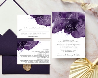 Plantilla de suite de invitación de boda púrpura, conjunto de invitación de boda en tono joya imprimible, invitación de boda de color púrpura profundo, papelería de boda DIY, #MRC