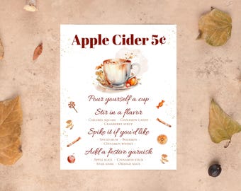 Apple Cider Bar Sign Template, Printable Hot Apple Cider Sign, Apple Cider Station Menu, Fall Drink Menu, DIY Autumn Party Decor, #HAC #AUT