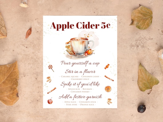 Apple Cider Bar Sign Template, Printable Hot Apple Cider Sign, Apple Cider Station Menu, Fall Drink Menu, DIY Autumn Party Decor, #HAC #AUT