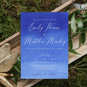 Modèle bleu de faire-part de mariage, faire-part de mariage bleu océan imprimable, carte d'invitation de mariage Capri, papeterie de mariage de plage bricolage, #AZC