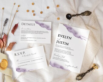 Plantilla de suite de invitación de boda púrpura, conjunto de invitación de boda de lavanda imprimible, invitación de boda lila, papelería de boda DIY, #AMC