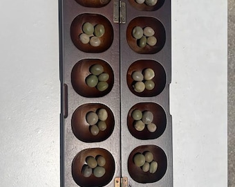 Hand Carved Solid Wood Game Board and Seeds, Ayo Olopon, Mancala