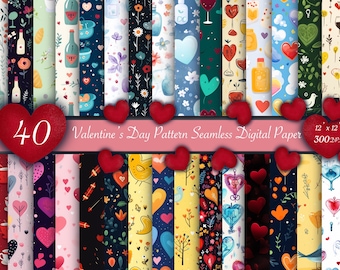Valentine's Day Seamless Paper: Love Birds, Hearts, Wine (Digital Paper)