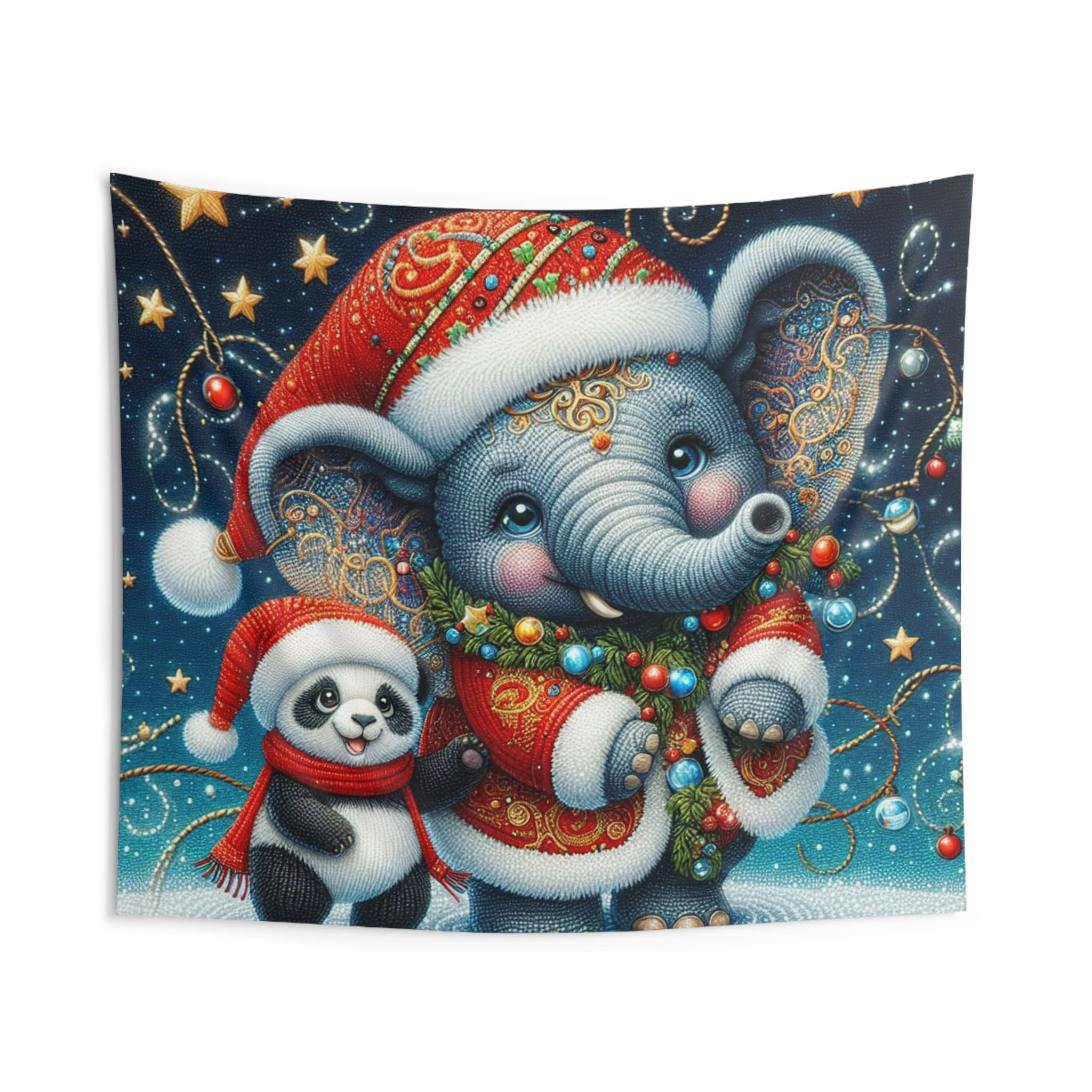 Indoor Wall Tapestries. Christmas Friends, Amazing Elefant and a Panda Holiday Wall Art. Festive 