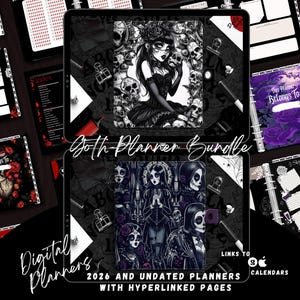 May include: A digital planner bundle with a gothic theme. The image features several digital planners with illustrations of skulls, gothic women, and floral designs. Text includes "Goth Planner Bundle", "Digital Planners", and "2026 and Undated Planners with Hyperlinked Pages".