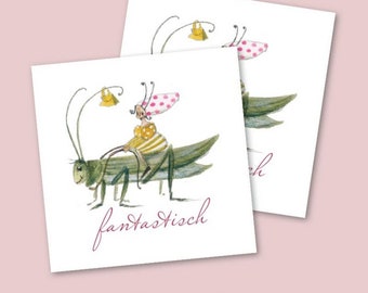 2 grasshopper patches, fantastic, 40 x 40 mm, acufactum Silke Leffler, woven label, patch