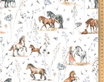 Cotton fabric meadow wind + horse happiness acufactum by Sophia Drescher 0.5 m children's fabric with horse motif