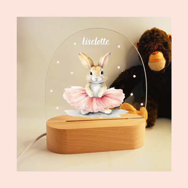 Nachtlicht mit Wunschname, Balletthase, Geschenk Geburt, Nachttischlampe, Babygeschenk, gemütliches Licht, Tiermotiv, Schlummerlicht