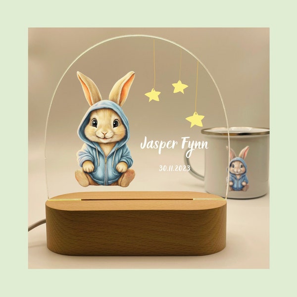 Personalisiertes Nachtlicht Hase, Geschenk Geburt, Nachttischlampe, Babygeschenk, gemütliches Licht Tiermotiv, Acryllampe für Kinder