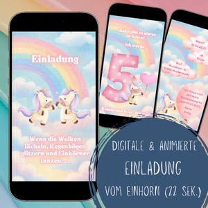 Einladungskarte Einhorn digital, personalisierte Einhorn Geburtstagseinladung, eCard Einladung Einhorn, animierte Einhorn Einladung Mädchen