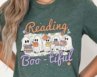 Reading Is Boo-tiful Halloween Teacher Shirt, Bookish Teacher Gift, Book Lover Shirt, Librarian Gift, Halloween Ghost Reading T-Shirt Gift