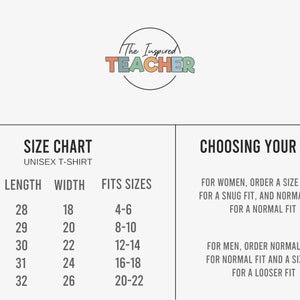 May include: Size chart for a unisex t-shirt. The chart shows sizes, length in inches, width in inches, and corresponding fits. The chart also includes instructions for choosing the right size for women and men.