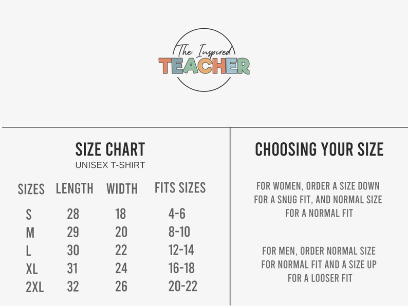 May include: Size chart for a unisex t-shirt. The chart shows sizes, length in inches, width in inches, and corresponding fits. The chart also includes instructions for choosing the right size for women and men.