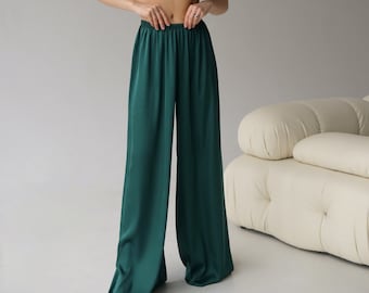 Green Palazzo Pants: Viscose Blend Wide Leg Trousers
