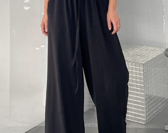 Wide Leg Palazzo Pants: Cotton Knit Trousers with Pockets