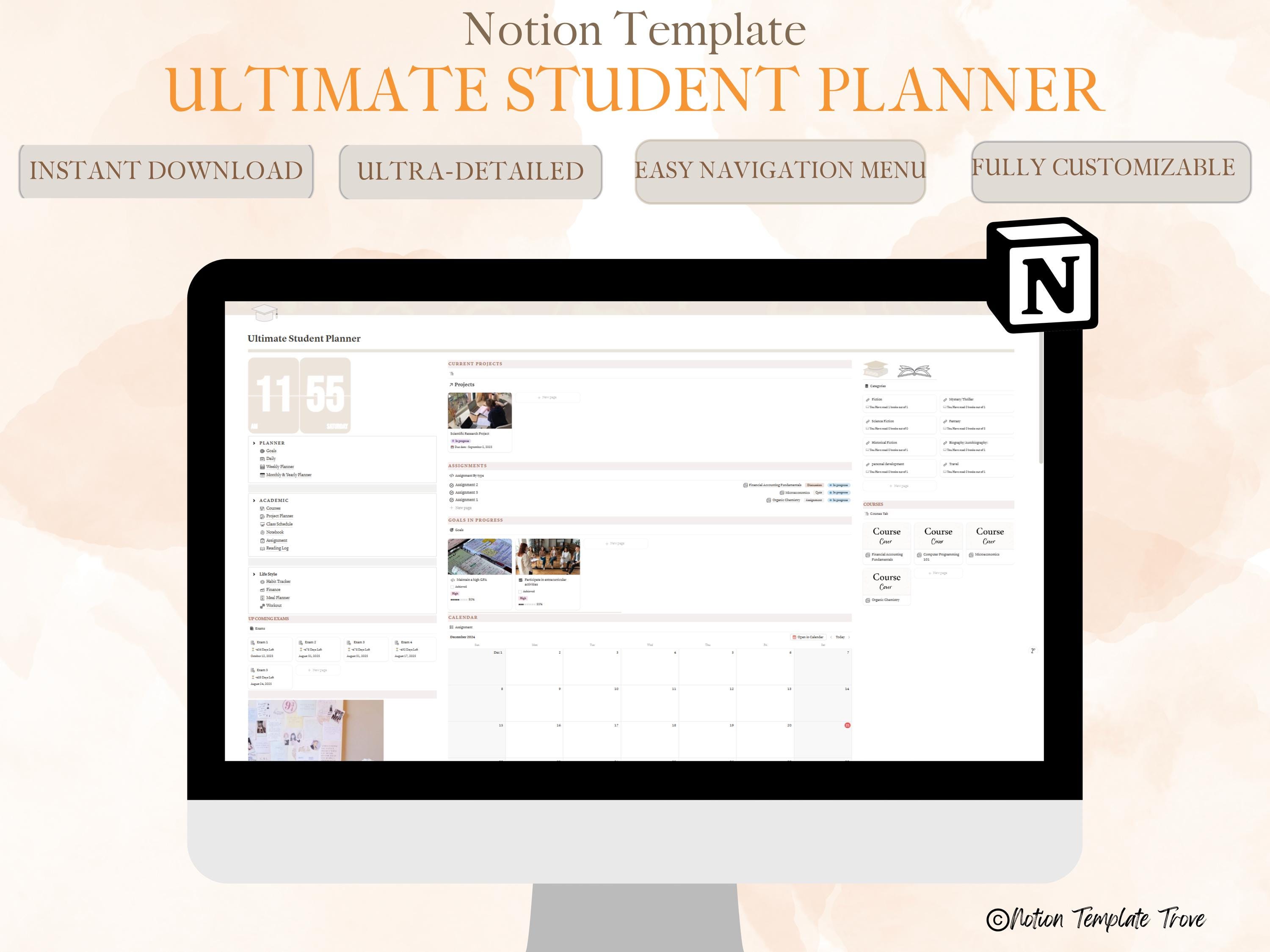 Notion Student Planner, Notion Academic Planner, Student Planner Template, Notion College Planner Dashboard, Assignment  & Homework Tracker