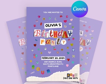 Olivia Rodrigo Sour Inspired Birthday Invitation Template - Purple Y2K Aesthetic - Birthday Party Invitation - Canva Custom Invite