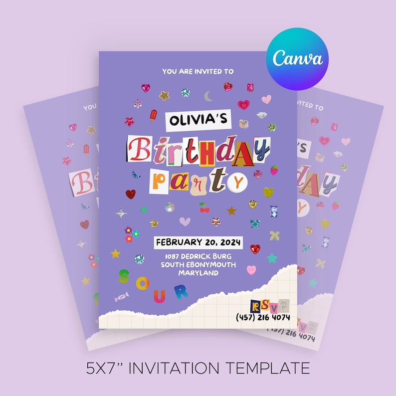Olivia Rodrigo Sour Inspired Birthday Invitation Template Purple Y2K