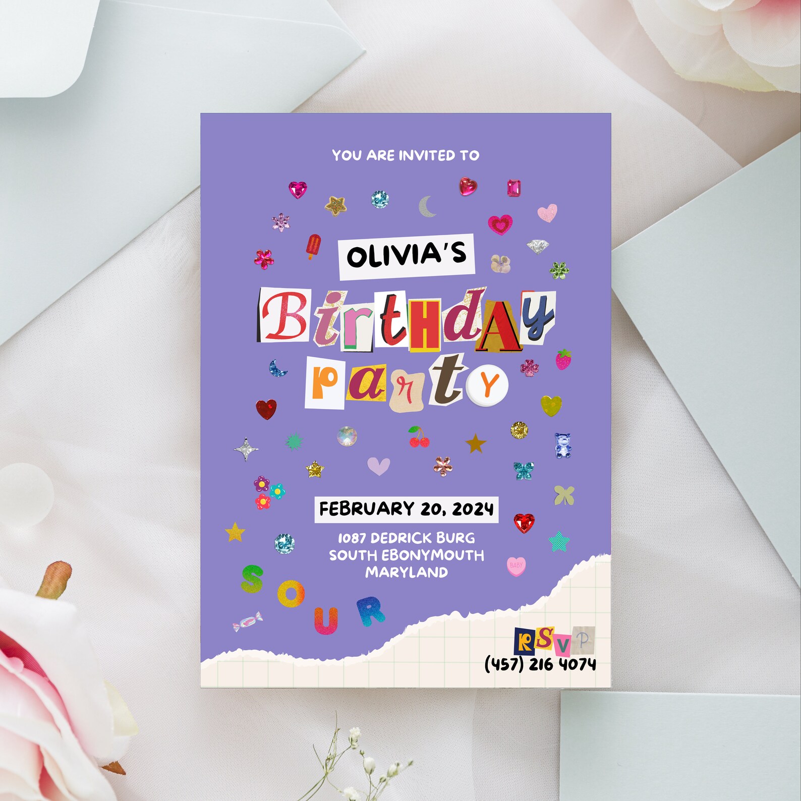 Olivia Rodrigo Sour Inspired Birthday Invitation Template Purple Y2K