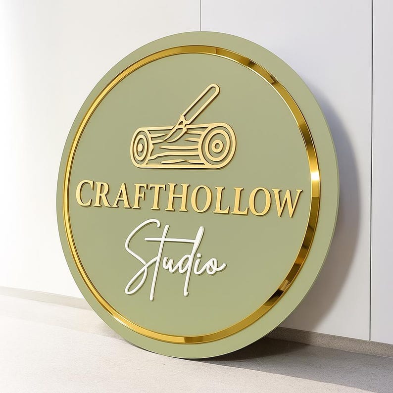 Może przedstawiać: Okrągły znak z szałwiowym zielonym tłem i złotą obw&oacute;dką. Znak zawiera słowa "CRAFTHOLLOW Studio" w złotych i białych literach, a także złotą ilustrację kłody i noża do rzeźbienia.