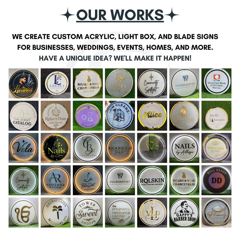 Puede incluir: Una colecci&oacute;n de treinta y cinco letreros circulares de acr&iacute;lico personalizados con varios logotipos, nombres y gr&aacute;ficos de empresas. Los letreros se muestran en una cuadr&iacute;cula, exhibiendo tipograf&iacute;a y dise&ntilde;os variados.