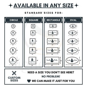 Puede incluir: Una tabla de tallas en blanco y negro con cuatro columnas etiquetadas como Circle, Square, Rectangle y Oval. Cada columna muestra cinco dimensiones variables en pulgadas para cada forma. El texto dice Available in any size, Standard sizes for y Need a size you don't see here? No problem! We can make it just for you.