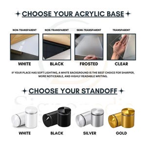 Puede incluir: Una gu&iacute;a de selecci&oacute;n para bases de acr&iacute;lico y soportes. Las opciones de acr&iacute;lico incluyen blanco, negro, esmerilado y transparente. Los soportes incluyen blanco, negro, plata y oro. Texto: CHOOSE YOUR ACRYLIC BASE y CHOOSE YOUR STANDOFF.