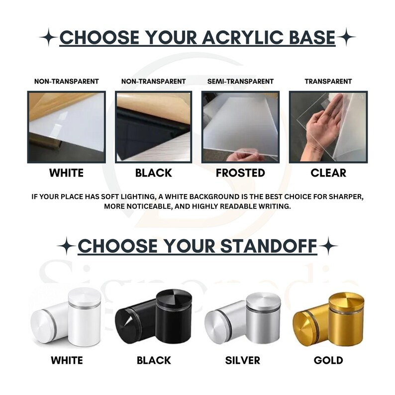 Puede incluir: Una gu&iacute;a de selecci&oacute;n para bases de acr&iacute;lico y soportes. Las opciones de acr&iacute;lico incluyen blanco, negro, esmerilado y transparente. Los soportes incluyen blanco, negro, plata y oro. Texto: CHOOSE YOUR ACRYLIC BASE y CHOOSE YOUR STANDOFF.