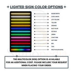 Puede incluir: Un gr&aacute;fico rectangular titulado LIGHTED SIGN COLOR OPTIONS muestra doce barras de luz de ne&oacute;n horizontales en varios colores. Las etiquetas incluyen Warm White, Cool White, Lite Yellow, Yellow, Orange, Navy Blue, Ice Blue, Green, Light Pink, Hot Pink, Red, Teal y Multicolor (RGB).