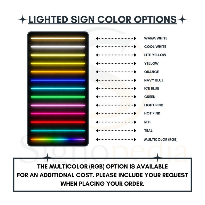 Puede incluir: Un gr&aacute;fico rectangular titulado LIGHTED SIGN COLOR OPTIONS muestra doce barras de luz de ne&oacute;n horizontales en varios colores. Las etiquetas incluyen Warm White, Cool White, Lite Yellow, Yellow, Orange, Navy Blue, Ice Blue, Green, Light Pink, Hot Pink, Red, Teal y Multicolor (RGB).