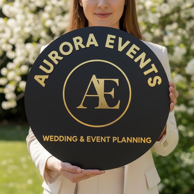 Pode incluir: Uma placa circular preta com letras douradas. Exibe "AURORA EVENTS" no topo e "WEDDING & EVENT PLANNING" na parte inferior. O centro apresenta um logotipo dourado com as letras "AE" dentro de um c&iacute;rculo dourado.