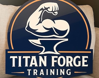 May include: A circular navy blue sign with an orange border featuring a white graphic of a flexed bicep above an anvil. The text TITAN FORGE TRAINING is printed in white capital letters across the bottom section of the sign.
