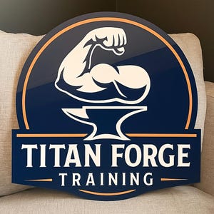 May include: A navy blue sign with an orange border and the words "TITAN FORGE TRAINING" in white. The sign features a white illustration of a muscular arm above an anvil.