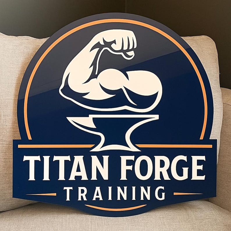 May include: A navy blue sign with an orange border and the words "TITAN FORGE TRAINING" in white. The sign features a white illustration of a muscular arm above an anvil.