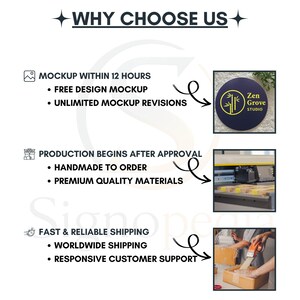 Puede incluir: Un gr&aacute;fico informativo titulado WHY CHOOSE US con tres secciones. La primera muestra un logotipo circular de Zen Grove Studio. La segunda muestra una m&aacute;quina de impresi&oacute;n. La tercera muestra a una persona sellando una caja.