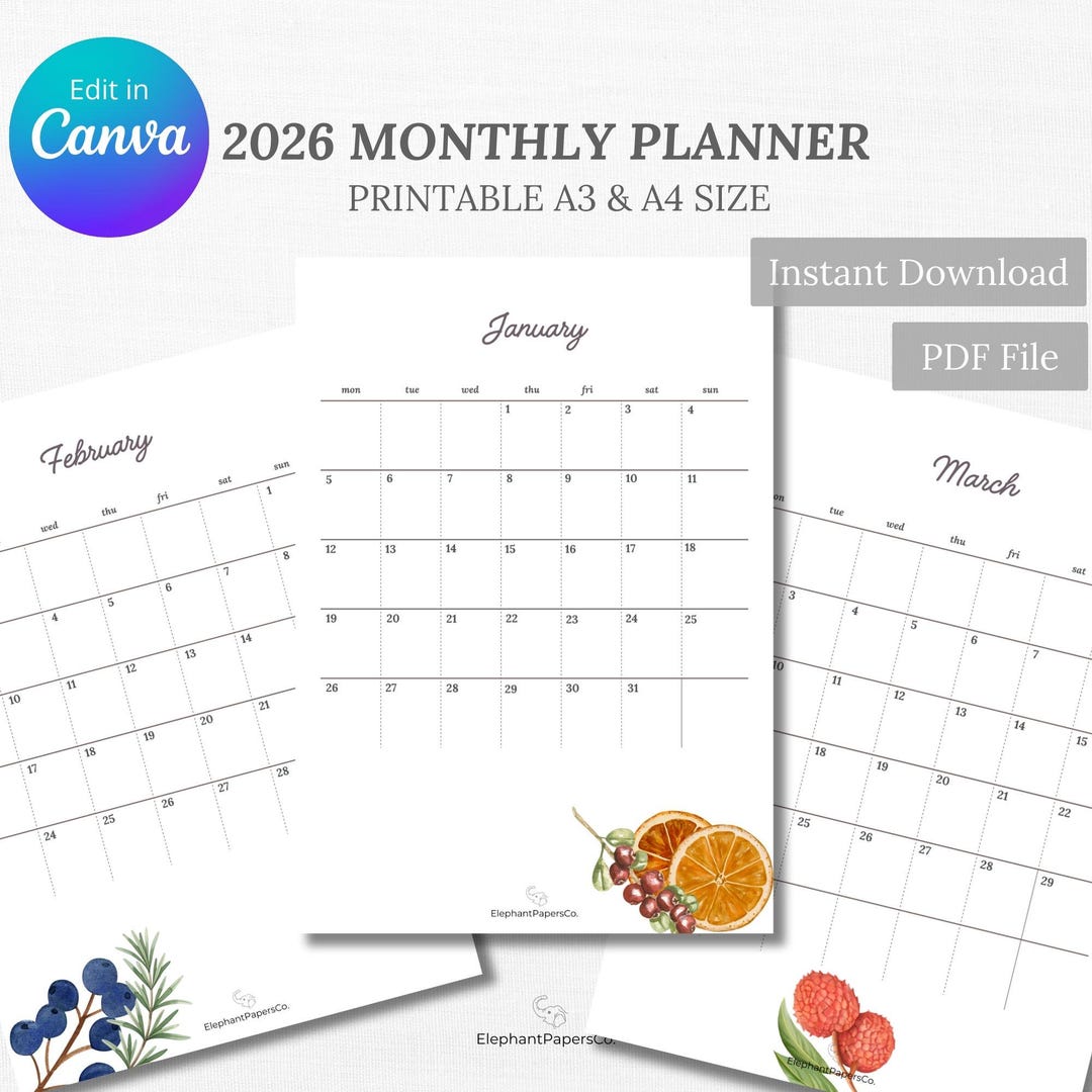 2026 Monthly Planner: Editable Canva Template, Printable PDF (A3,A4 ...