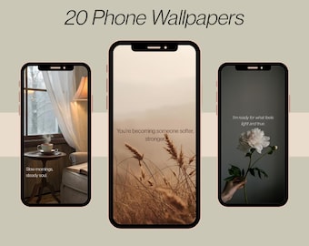 May include: Three smartphones displaying aesthetic wallpapers. The first shows a cozy interior with text "Slow mornings, steady soul." The second features a field with the text "You're becoming someone softer, stronger." The third displays a flower with the text "I'm ready for what feels light and true."