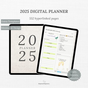 May include: Two digital tablets showcasing a 2025 digital planner. One displays the cover with "20 PLANNER 25", the other shows a daily planner layout with sections for schedule, to-do list, and notes. The planner includes "Extra Templates" and "Minimalist Design".