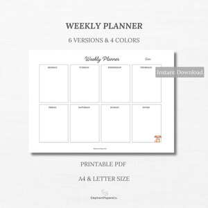 Peut inclure: Modèle de planificateur hebdomadaire imprimable avec un design simple. Le planificateur comprend des espaces pour du lundi au dimanche, ainsi qu'une section notes. Le planificateur est disponible en 6 versions et 4 couleurs. Téléchargement instantané.