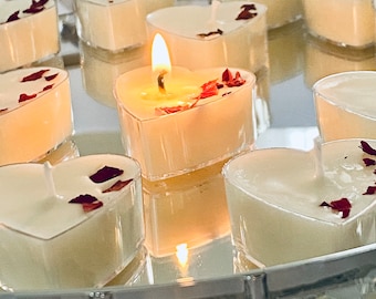 Luzes de chá luxuosas em formato de coração de cera de soja, sem perfume, botânicas, luzes de chá feitas à mão, cera de soja natural, luzes de chá transparentes, luzes de chá em caixa de presente