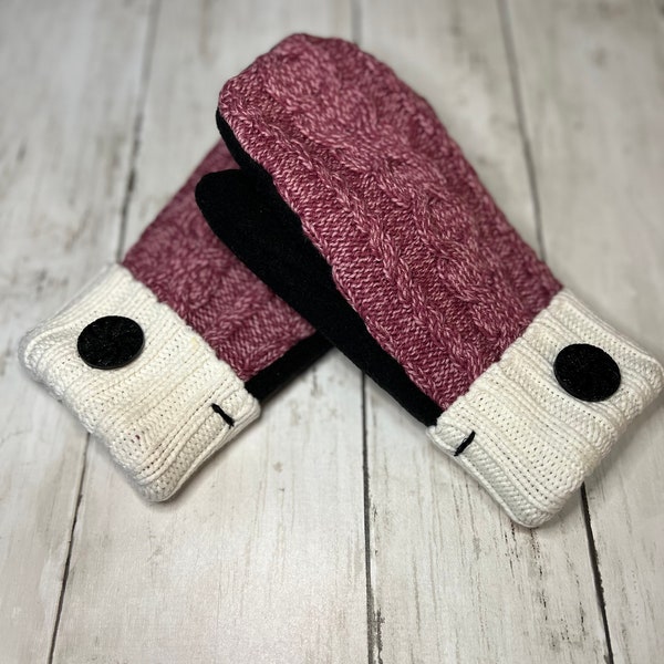 Pink, Black and White Fleece Lined Sweater Mittens